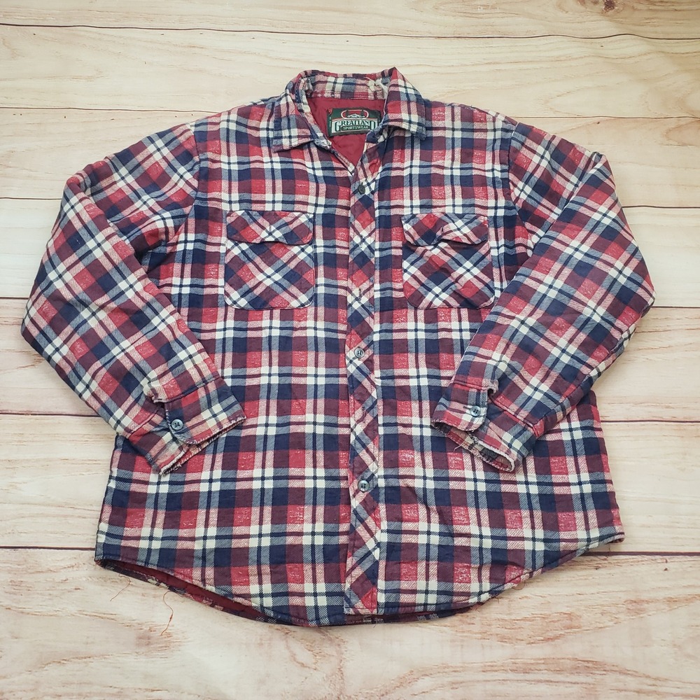 VINTAGE Greatland Sportswear Shirt Mens L‎ Red Quilted Flannel Shacket Plaid